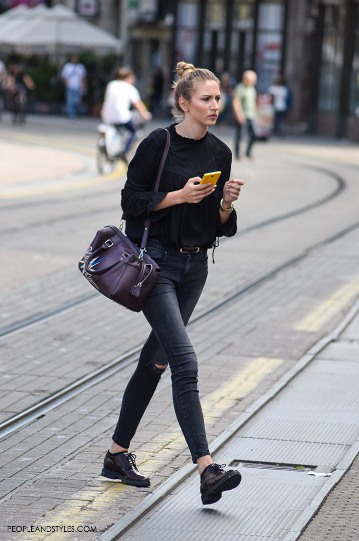 Midi skirt work street style inspiration women's trend fashion how to wear total black and black and white looks