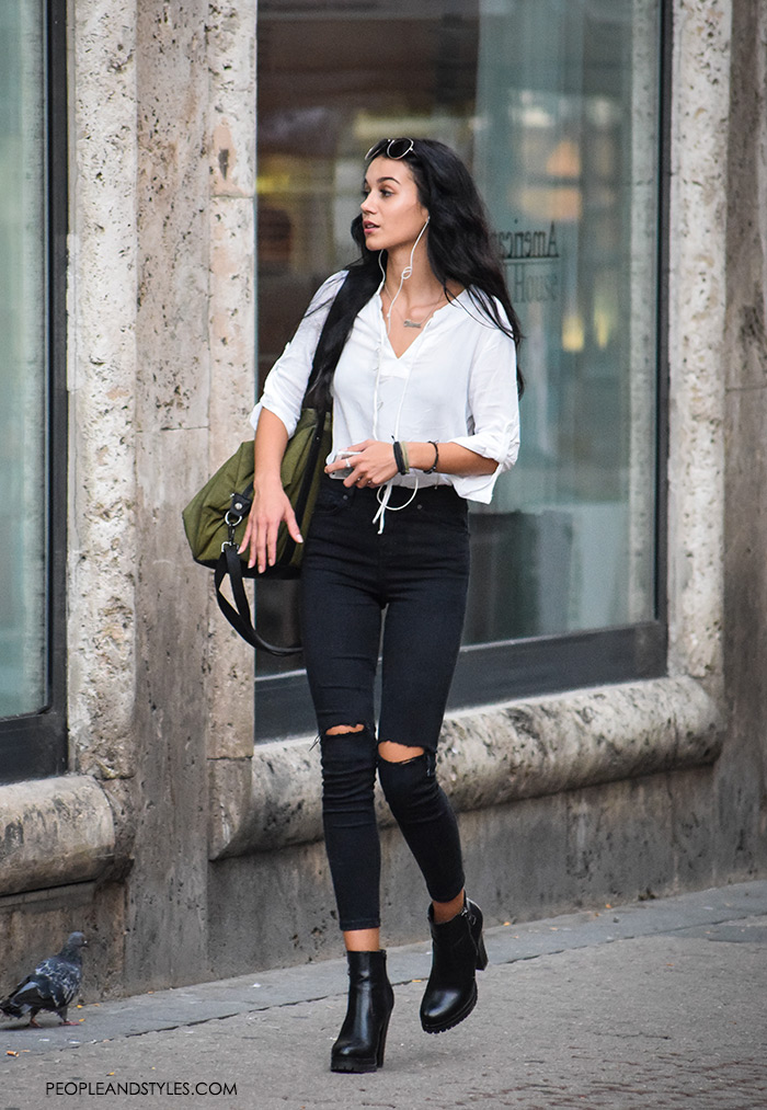Midi skirt work street style inspiration women's trend fashion how to wear total black and black and white looks, black distressed denim jeans, ankle boots and white top