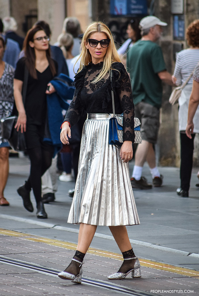 how to wear stylish street style looks with metallic pleated skirts, Gucci bag