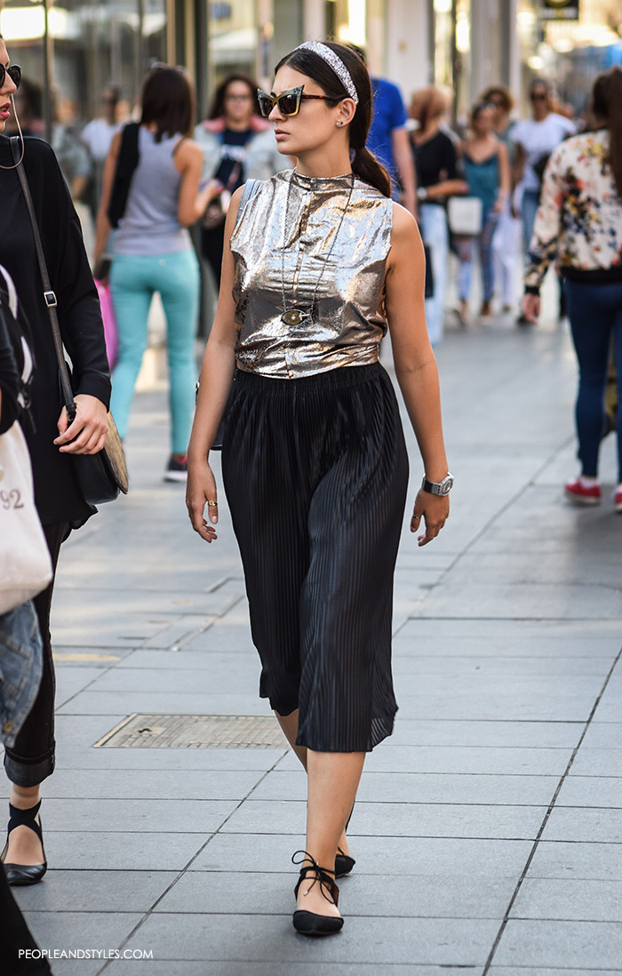 how to wear stylish street style looks with metallic pleated skirts, culottes, metallic top