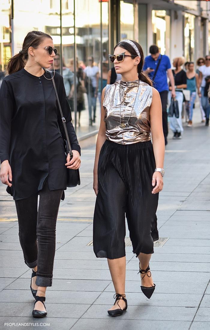 how to wear stylish street style looks with metallic pleated skirts, culottes, metallic top