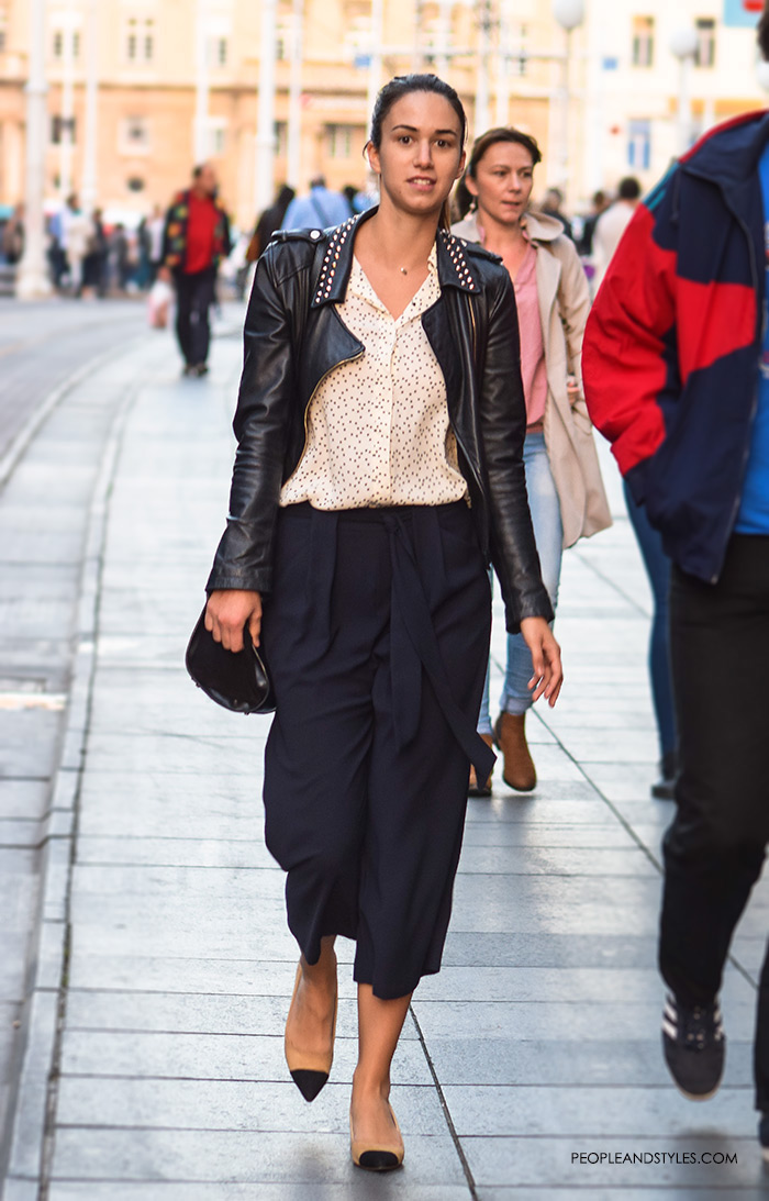 Navy culottes paired with a button down shirt, granny slingbacks » and a biker jacket