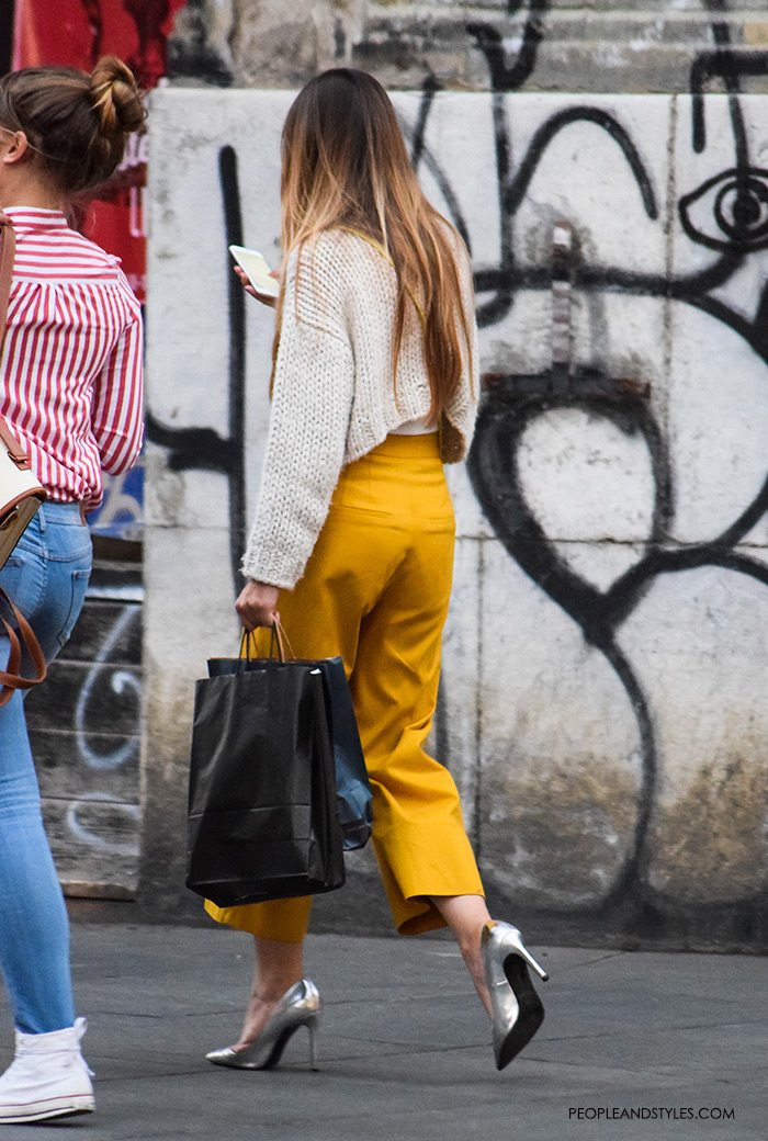 Yellow culottes paired with cropped jumper and silver pumps, women's fashion, street style outfit inspiration