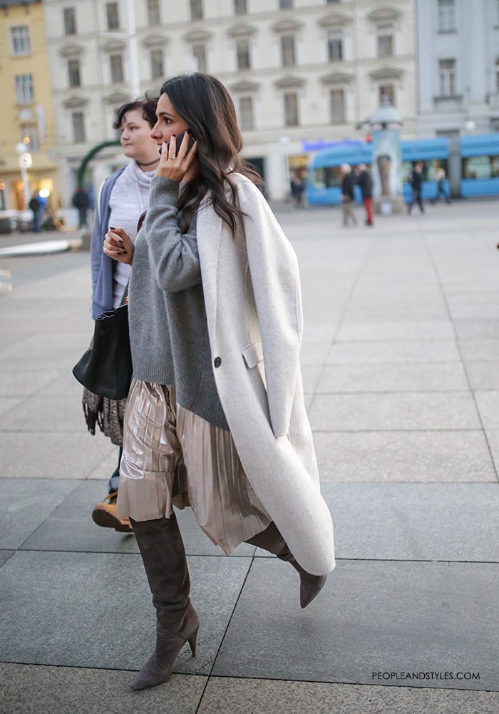 Perfect Pair: Grey Metallic Pleated Skirt and Grey Cosy Sweater, women's latest fashion style, how to wear mettalic skirt and grey boots, Max Mara designer cashmere coat, street style look pretty woman