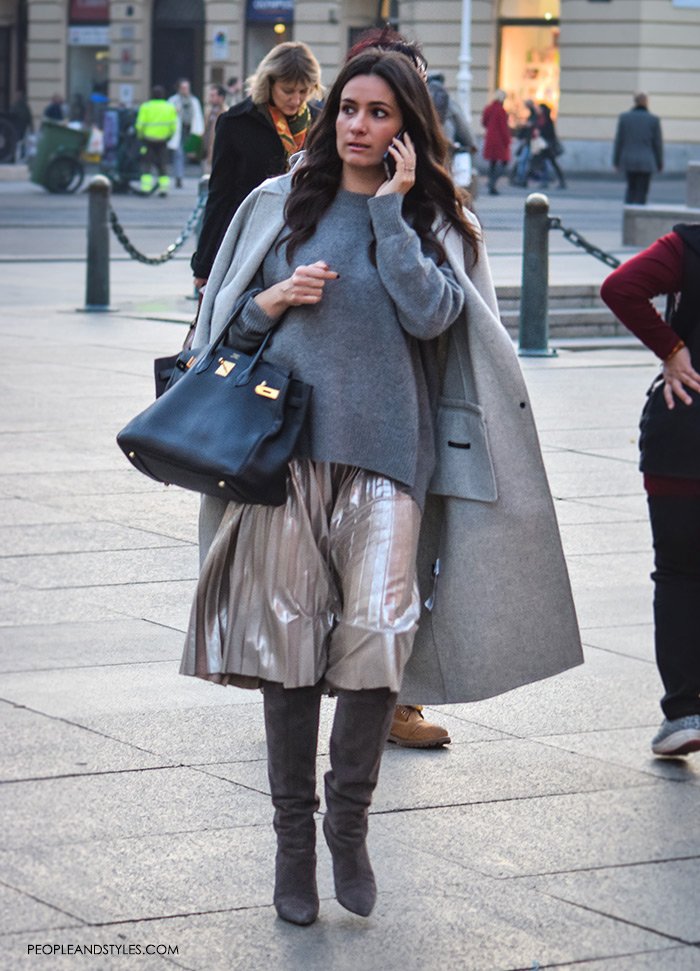 Perfect Pair: Grey Metallic Pleated Skirt and Grey Cosy Sweater, women's latest fashion style, how to wear mettalic skirt and grey boots, Max Mara designer cashmere coat, street style look pretty woman